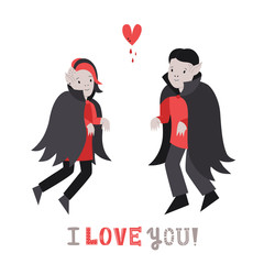 Vampire cute couple in love with heart vector illustration. I love you! greeting card. Part two.
