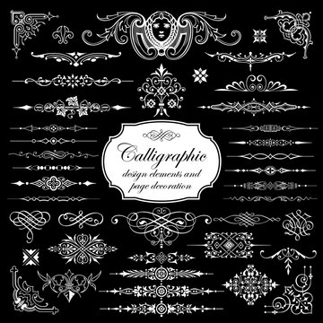 Vector set of calligraphic design elements and page decoration - isolated on black background