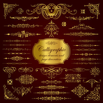 Vector set of calligraphic design elements and page decoration in gold