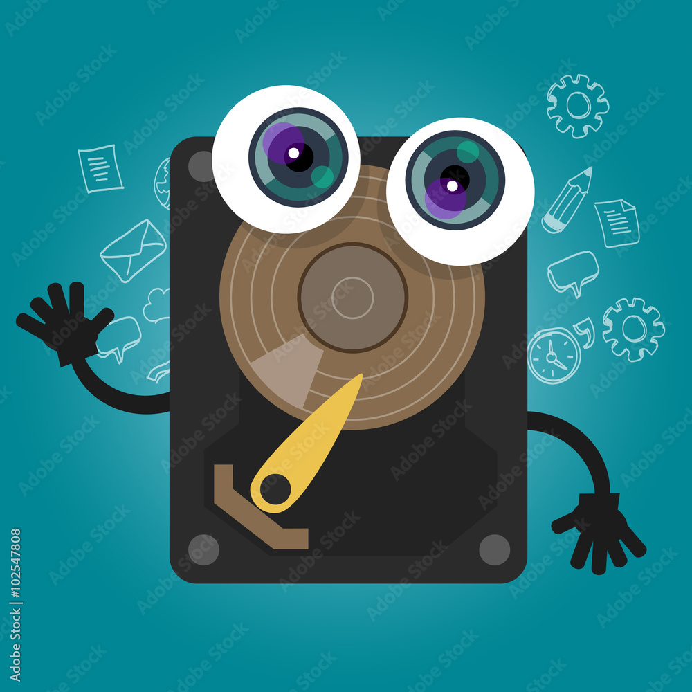 Poster hard drive computer component database big data storage cartoon eyes mascot cute funny smile tech ob