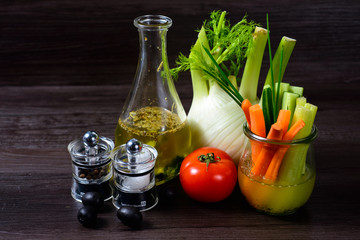 Olive oil with pepper mill tomato