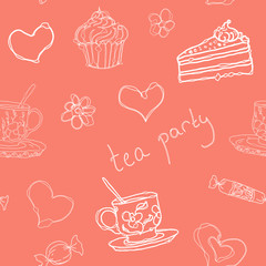 Tea party seamless  doodle vector outline pattern