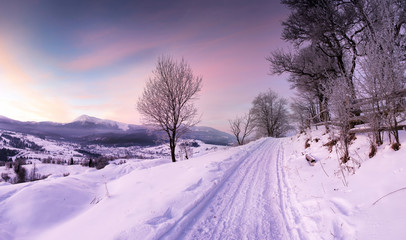 Sunrise in winter mountains . Sunrise in Carpathian Mountains, U