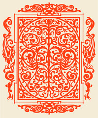 Red ancient vintage ornament on beige background. Vector illustration
