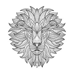 Detailed Lion in aztec style. Patterned head of the lion on isolated background. African indian totem tattoo design. Vector illustration. Eps10.