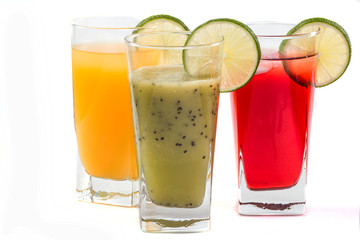 Fruit juice and fruit on a white background
