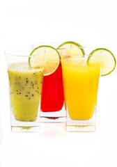 Fruit juice and fruit on a white background