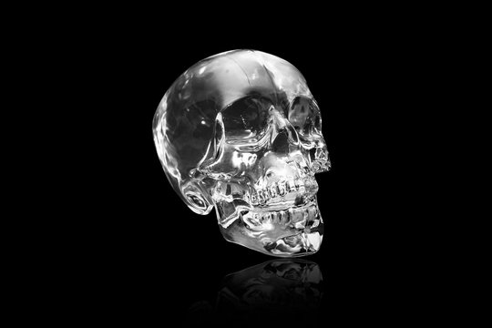 Crystal skull on black at angle ancient South American artifact
