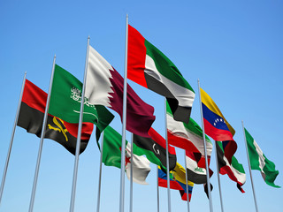 THE OPEC COUNTRIES, flags waving in the wind with a blue sky background. 3d illustration