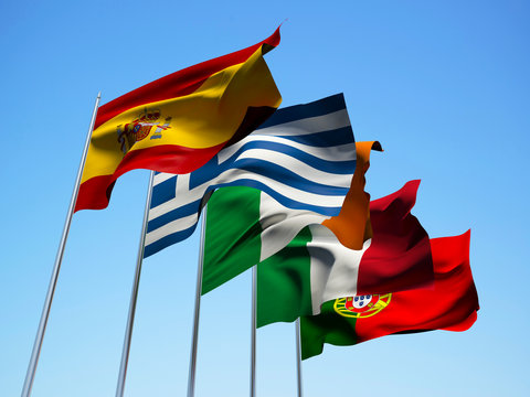 THE PIGS COUNTRIES, financial economic crisis. Flags countries. 3d illustration. 