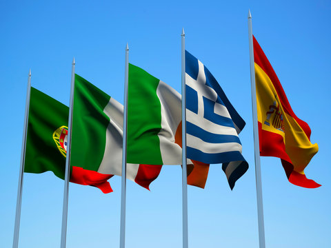 THE PIGS COUNTRIES, financial economic crisis. Flags countries. 3d illustration. 