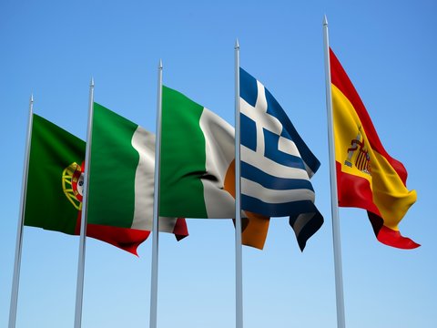 THE PIGS COUNTRIES, financial economic crisis. Flags countries. 3d illustration. 