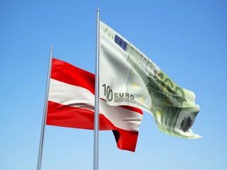Austria and euro Banknote flags waving in the wind with a blue sky background. 3d illustration