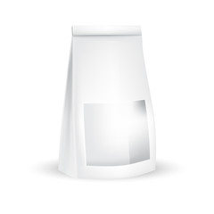 VECTOR PACKAGING: White gray packaging bag with front window for snack or take away on isolated white background. Mock-up template ready for design