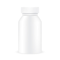 VECTOR PACKAGING: White gray closed plastic medicine bottle on isolated white background. Mock-up template ready for design .
