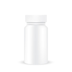 VECTOR PACKAGING: White gray closed plastic medicine bottle on isolated white background. Mock-up template ready for design .