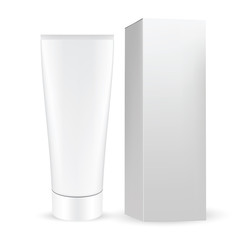 VECTOR PACKAGING: White gray box with white gray cosmetic tube with twist to open cap on isolated white background. Mock-up template ready for design .