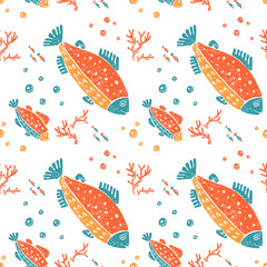 Seamless pattern in naive lino style, trout