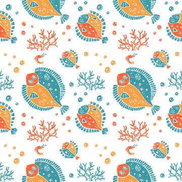 Seamless pattern in lino style, flounder and coral