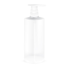 VECTOR PACKAGING: White gray transparent round bottle with pump cap for cosmetic/perfume on isolated white background. Mock-up template ready for design.