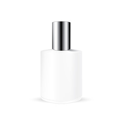 VECTOR PACKAGING: White gray round bottle with long silvery cap for cosmetic on isolated white background. Mock-up template ready for design.