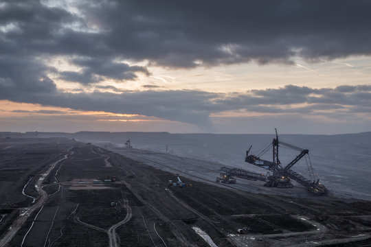 Etzweiler, Germany - Febraury 12, 2016: Opencast mining area in evening