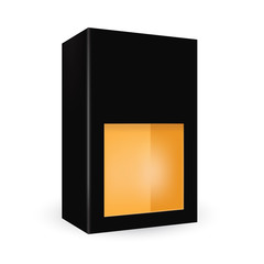 VECTOR PACKAGING: Black package box with front half window, orange inside on isolated white background. Mock-up template ready for design