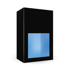 VECTOR PACKAGING: Black package box with front half window, blue inside on isolated white background. Mock-up template ready for design