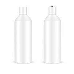 VECTOR PACKAGING: Set of White gray tall round bottle with cap for cosmetic or cologne on isolated white background. Mock-up template ready for design.