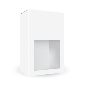 VECTOR PACKAGING: White gray package box with front half window on isolated white background. Mock-up template ready for design