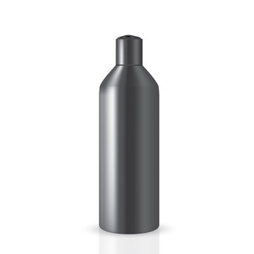 VECTOR PACKAGING: Dark gray tall round bottle with cap press on the top for cosmetic or cologne on isolated white background. Mock-up template ready for design.