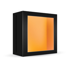 VECTOR PACKAGING: Black package box with front window, orange inside on isolated white background. Mock-up template ready for design