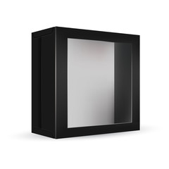 VECTOR PACKAGING: Black package box with front window on isolated white background. Mock-up template ready for design