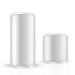 VECTOR PACKAGING: Set of white gray tin round container on isolated white background. Mock-up template for design.