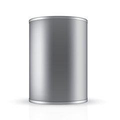 VECTOR PACKAGING: Aluminum tin round container on isolated white background. Mock-up template for design.