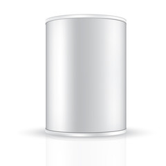 VECTOR PACKAGING: Aluminum tin round container on isolated white background. Mock-up template for design.