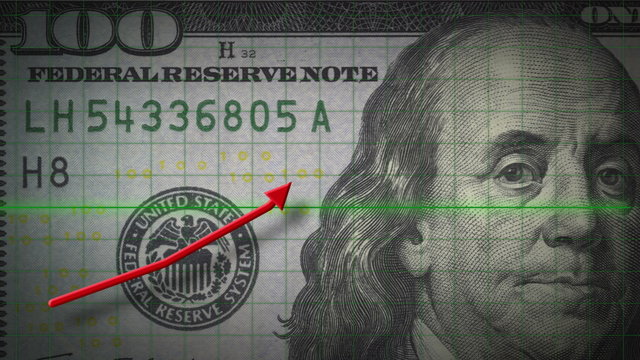 3D 4K animation of an arrow showing a rise in profit or stock market investment, against a money backdrop of a $100 bill.