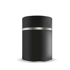 VECTOR PACKAGING: Black tin round container on isolated white background. Mock-up template for design.