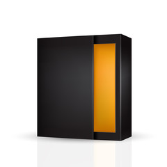 VECTOR PACKAGING: Slide to open modern black orange inside packaging box on isolated white background. Mock-up template ready for design.