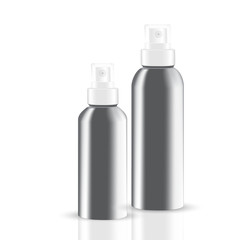 VECTOR PACKAGING: Set of aluminum body round bottle sprayer for cosmetic/perfume on isolated white background. Mock-up template ready for design .