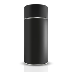 VECTOR PACKAGING: Black tin round container on isolated white background. Mock-up template for design.