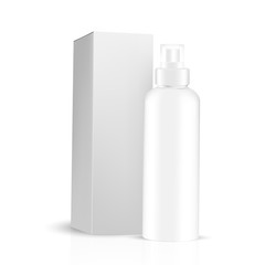 VECTOR PACKAGING: White gray round bottle sprayer with box for cosmetic/perfume on isolated white background. Mock-up template ready for design .