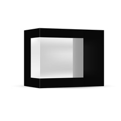 VECTOR PACKAGING: Black packaging box with front plastic window on isolated white background. Mock-up template ready for design.
