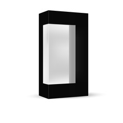 VECTOR PACKAGING: Black packaging box with front plastic window on isolated white background. Mock-up template ready for design.