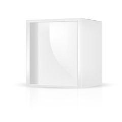 VECTOR PACKAGING: White gray square packaging box with front plastic window on isolated white background. Mock-up template ready for design.