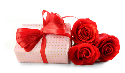 Gift box, rose flowers and decorative heart, isolated on white