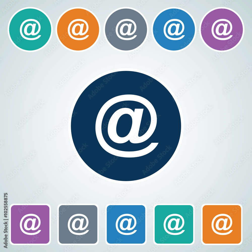 Aufkleber icon of e-mail address in multi color circle & square shape. eps-10.