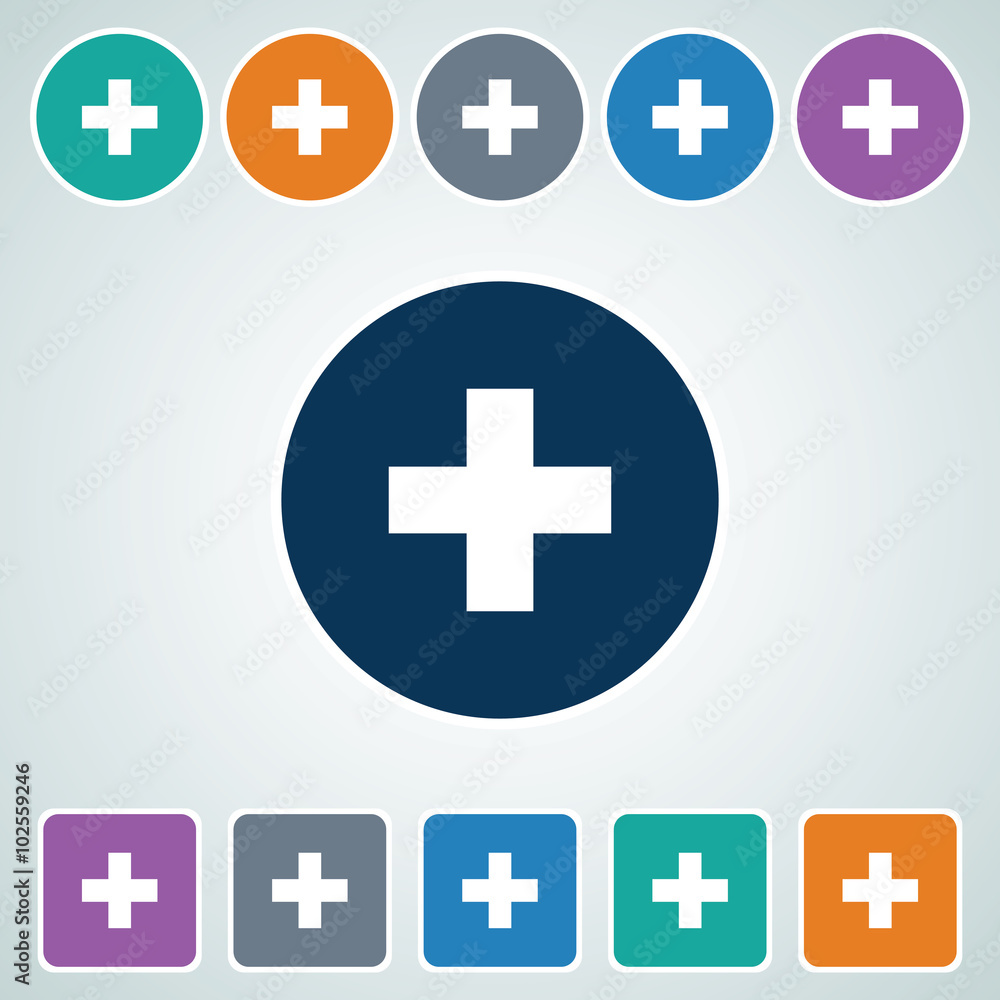 Poster icon of plus in multi color circle & square shape. eps-10.