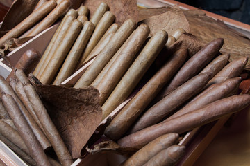 stack of hand made canarian cuban cigars parejos on wooden table