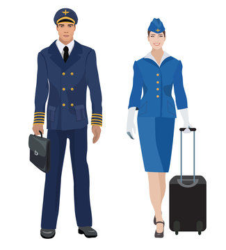 Pilot and stewardess in uniform isolated. Vector illustration